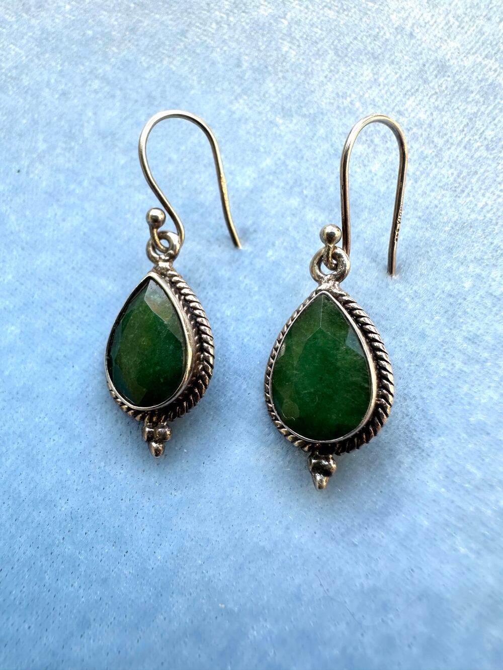 Vintage 925 Sterling Silver Real Emerald Teardrop Dangle Earrings Boho Handmade